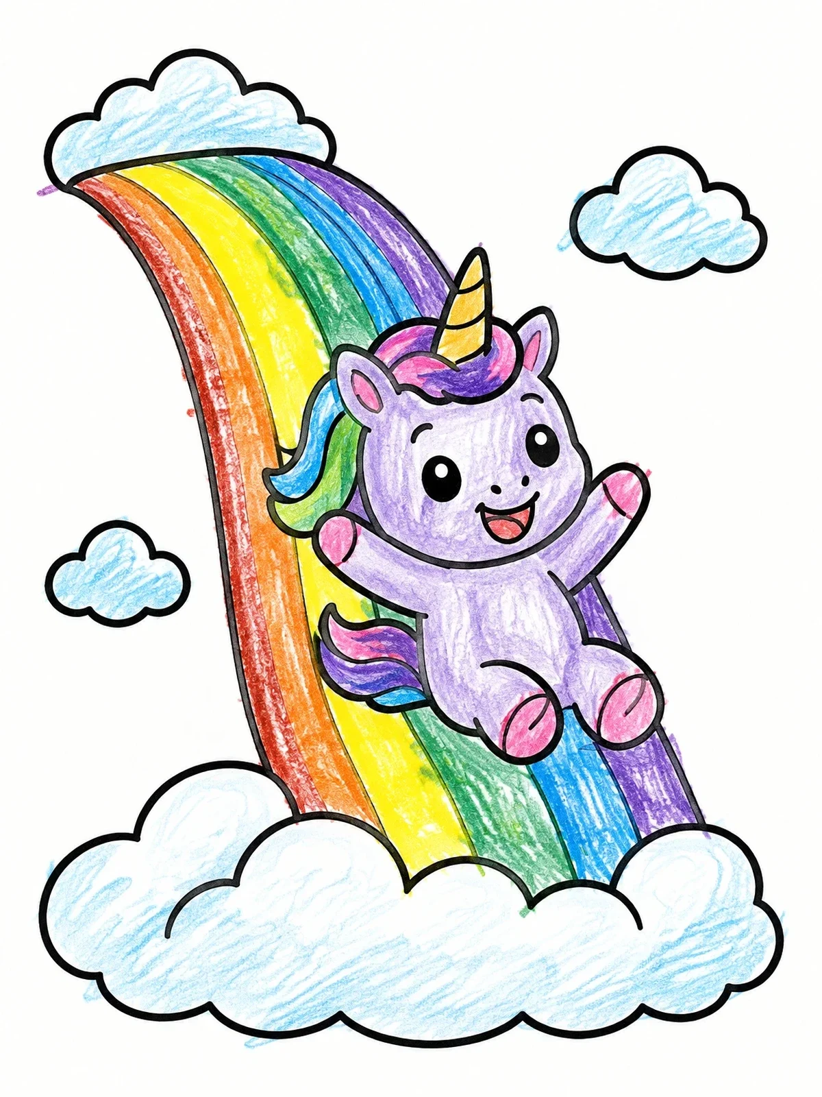 Colored example of the Cute Baby Unicorn Sliding Down Rainbow coloring page
