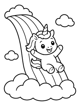 Free printable Cute Baby Unicorn Sliding Down Rainbow coloring page