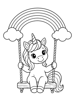 A cute rainbows and unicorns coloring page featuring a baby unicorn on a swing under clouds.