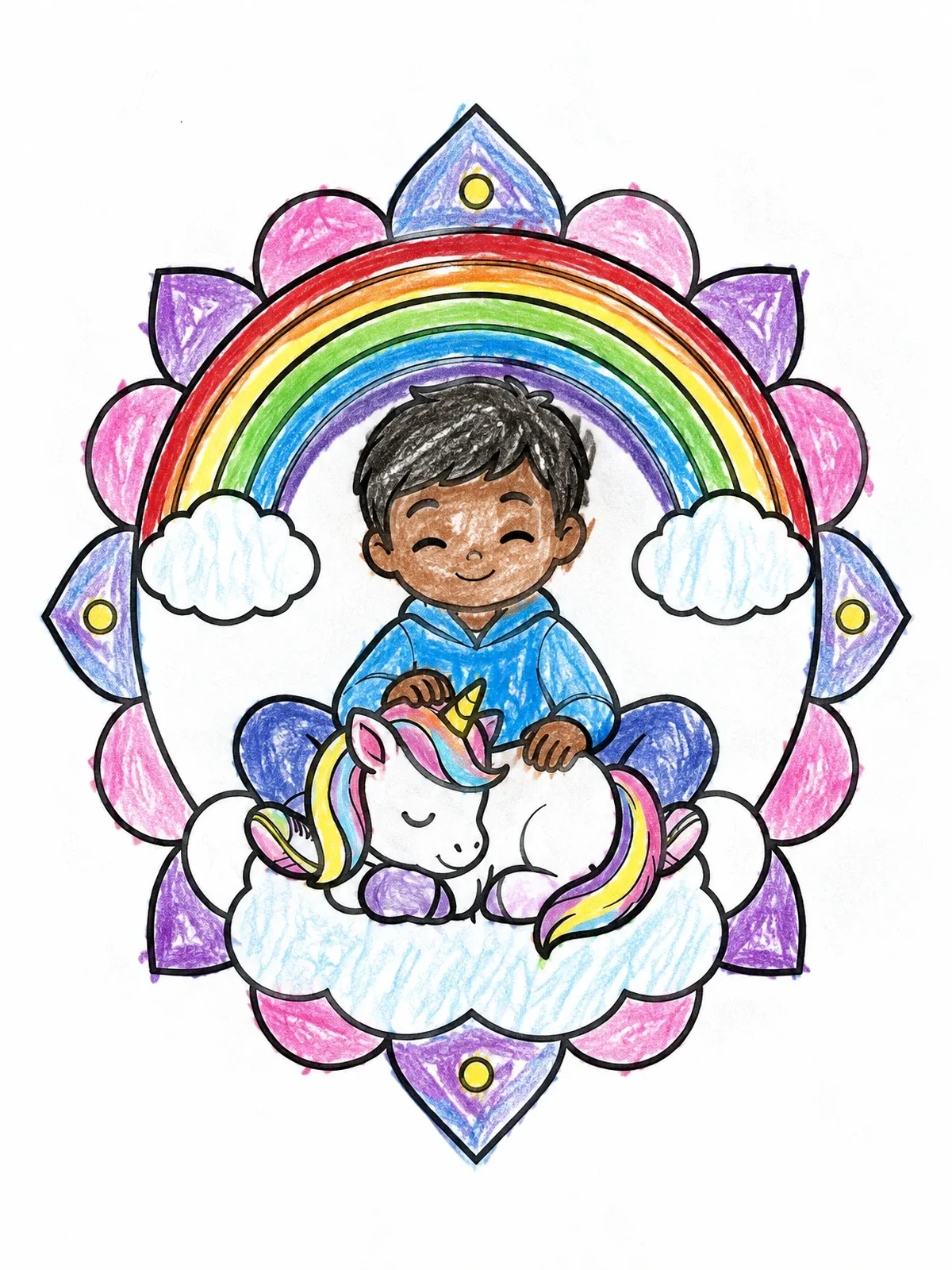 Colored example of the Boy Petting Sleeping Baby Unicorn coloring page