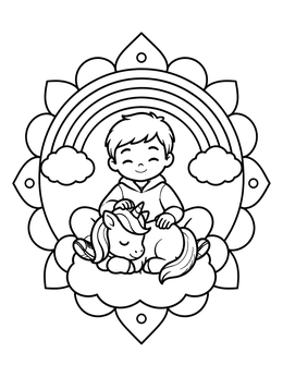 Free printable Boy Petting Sleeping Baby Unicorn coloring page