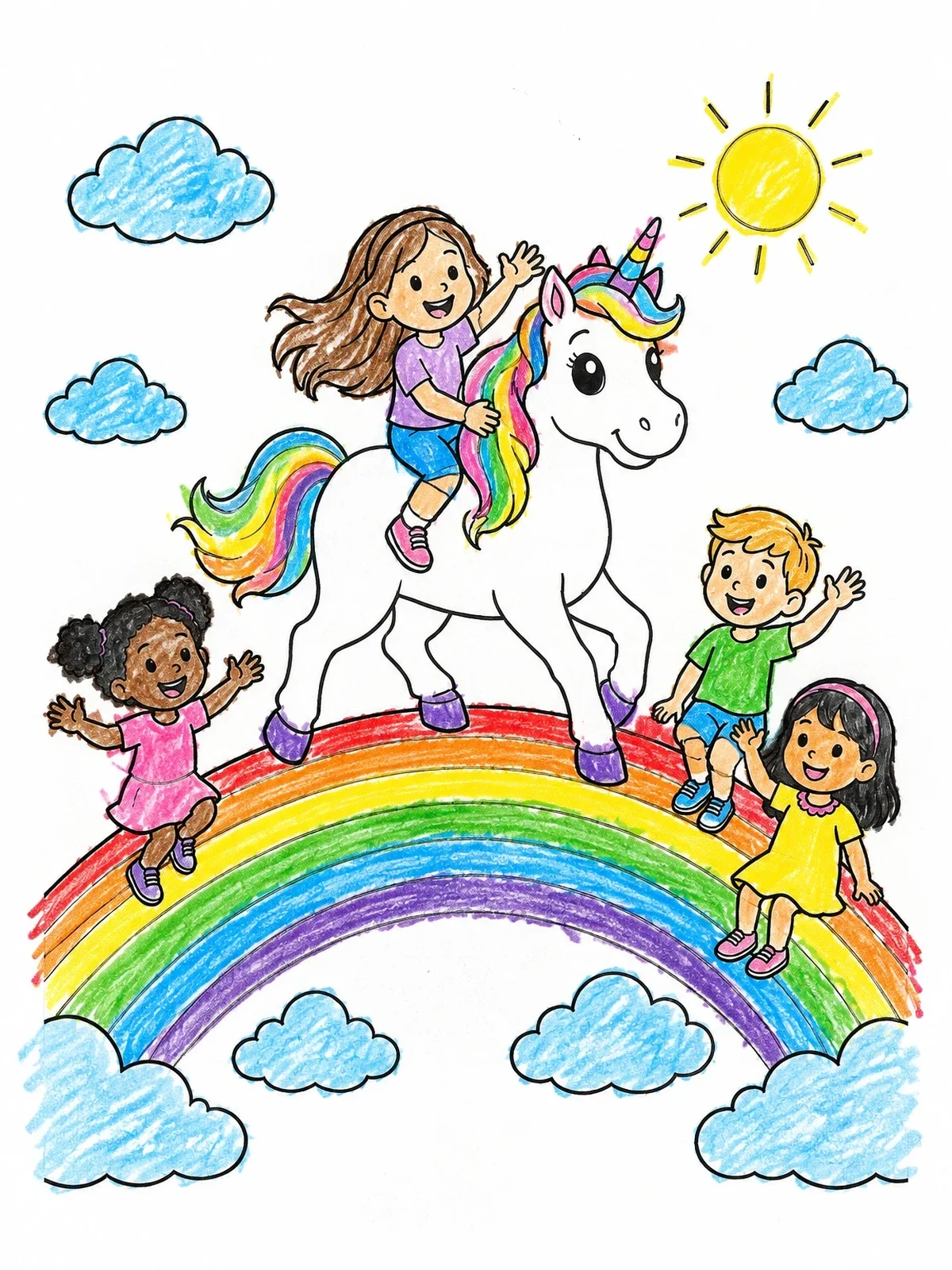 Colored example of the Children And Unicorn On Rainbow coloring page