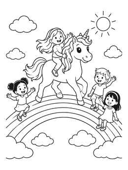 Free printable Children And Unicorn On Rainbow coloring page