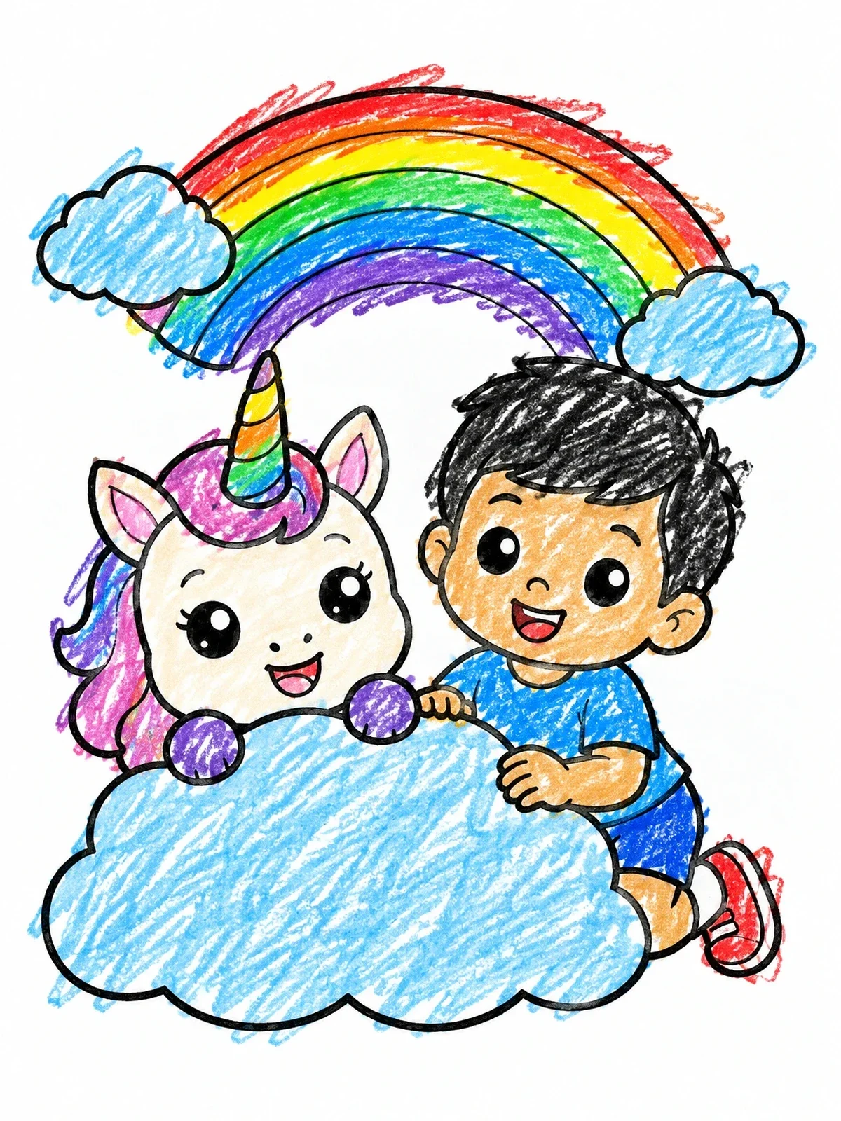 Colored example of the Cute Unicorn And Boy Behind Cloud coloring page