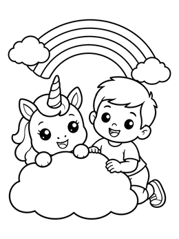 A boy and unicorn peeking over a cloud in this rainbows and unicorns coloring page.