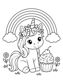 Free printable Cute Unicorn With Cupcake And Rainbow coloring page