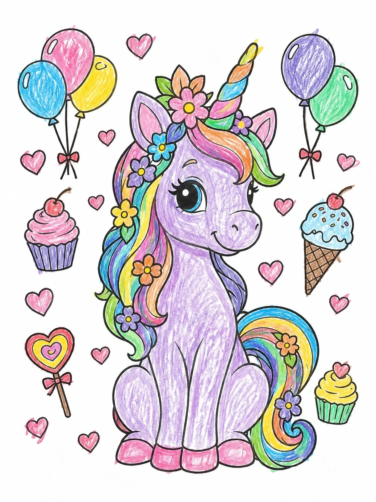 Colored example of the Cute Unicorn With Flowers And Treats coloring page