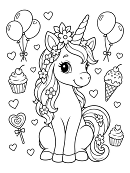 A sweet rainbows and unicorns coloring page with a floral unicorn, balloons, cupcakes, and floating hearts.
