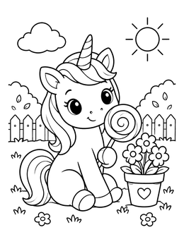 A sweet rainbows and unicorns coloring page with a baby unicorn holding a big lollipop by flowers.