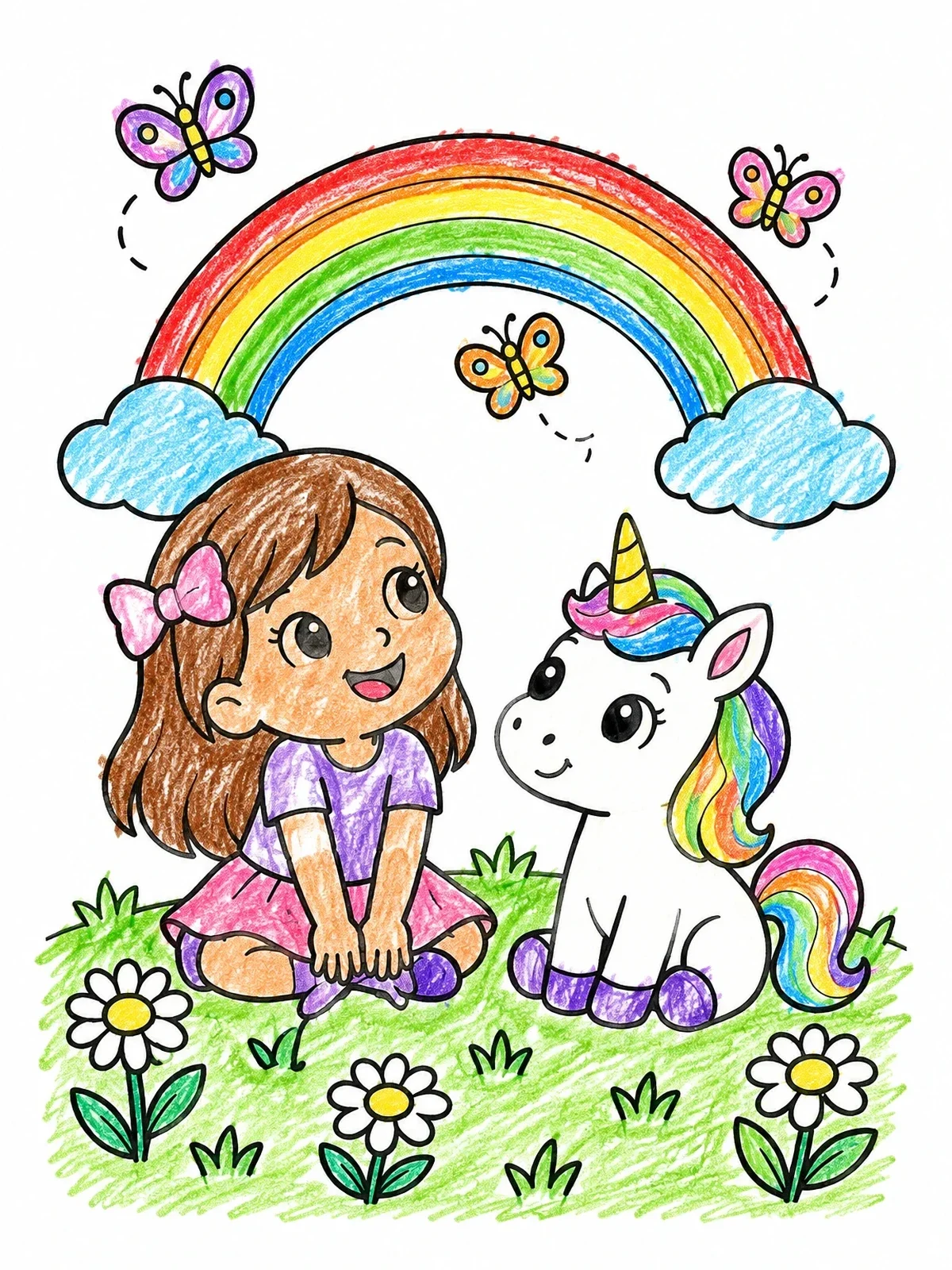 Colored example of the Little Girl Sitting With Cute Unicorn coloring page