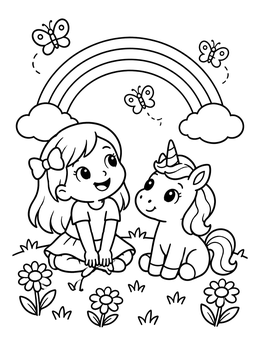 Free printable Little Girl Sitting With Cute Unicorn coloring page