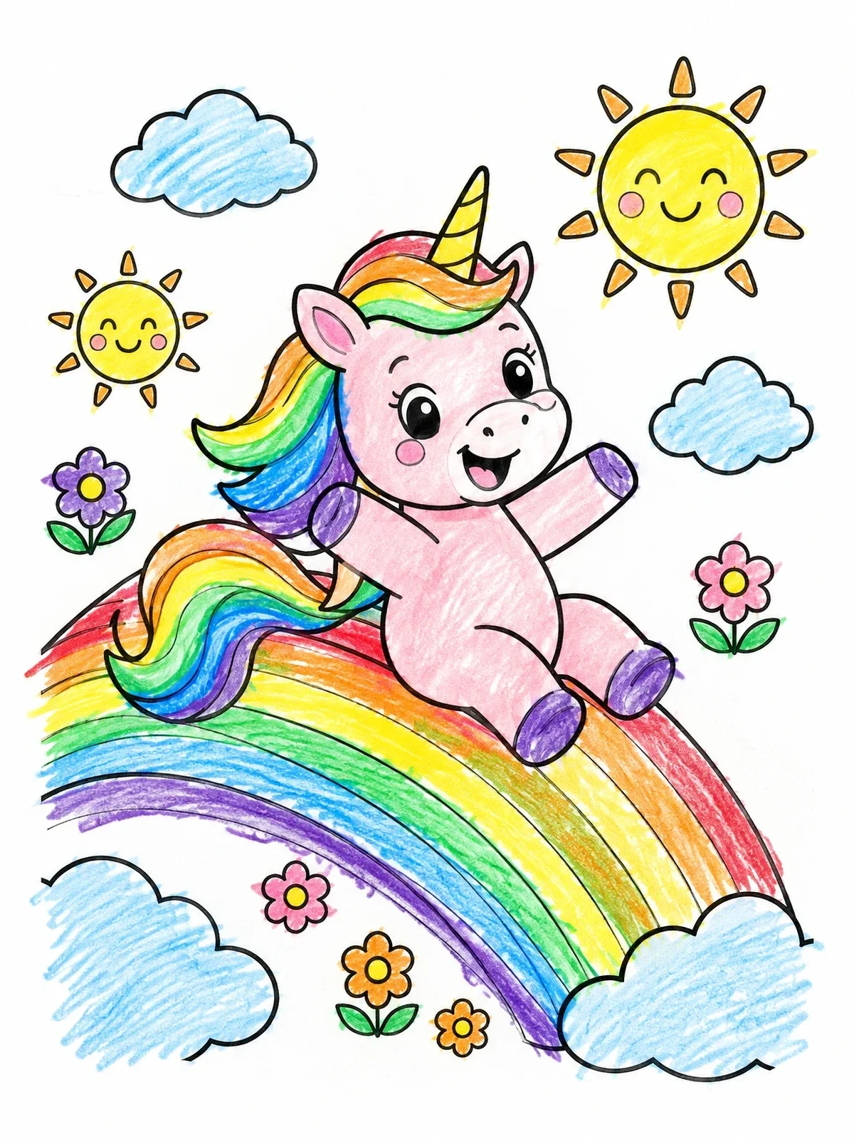 Colored example of the Happy Unicorn Sliding Down Rainbow coloring page