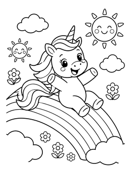Free printable Happy Unicorn Sliding Down Rainbow coloring page