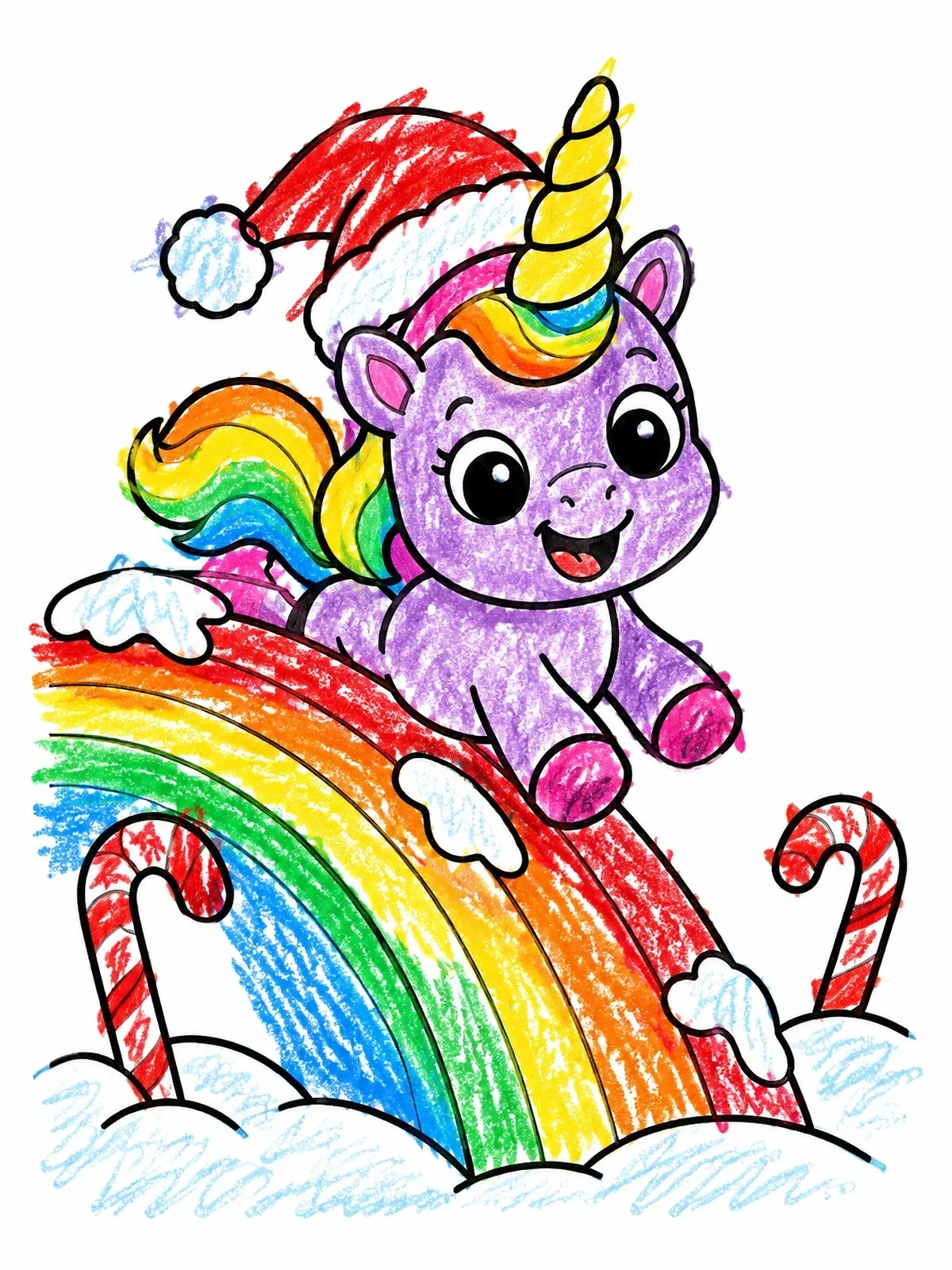Colored example of the Holiday Unicorn Sliding Down A Rainbow coloring page