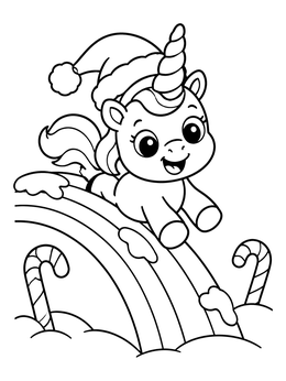 A cute rainbows and unicorns coloring page featuring a baby unicorn in a Santa hat sliding down a rainbow.
