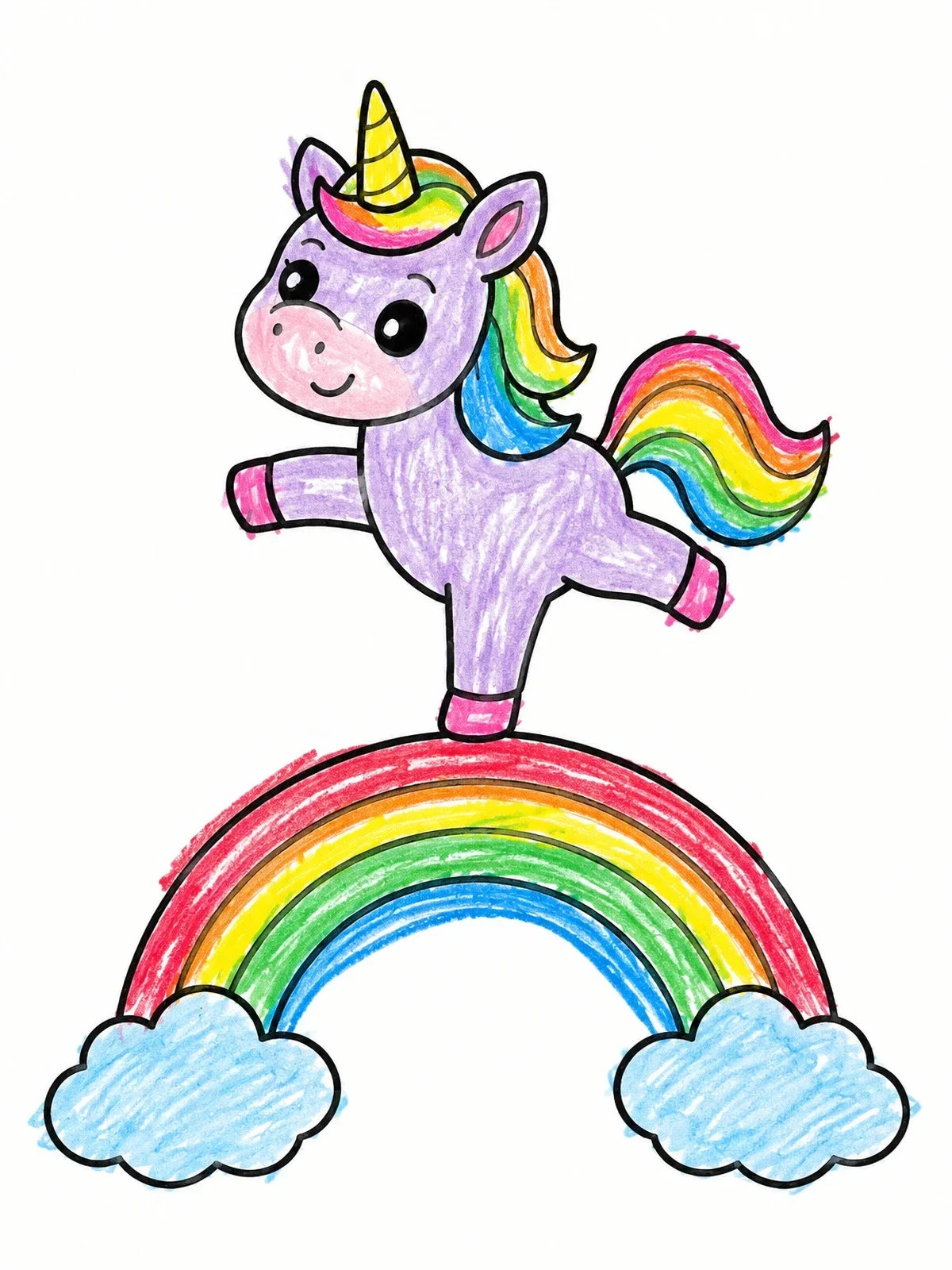 Colored example of the Playful Unicorn Balancing On Rainbow coloring page