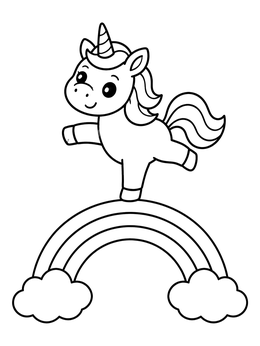 A cute rainbows and unicorns coloring page featuring a foal balancing on an arch over clouds.