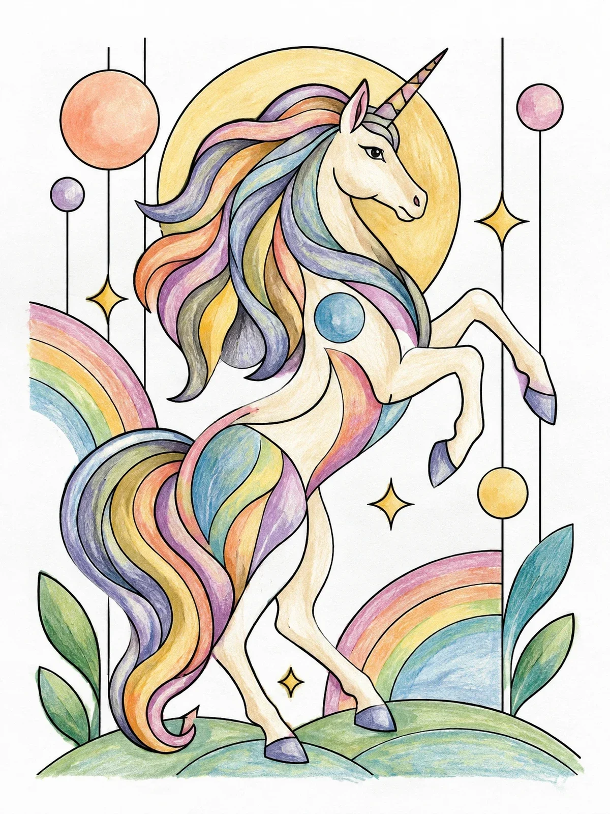 Colored example of the Graceful Rearing Unicorn With Rainbow Accents coloring page