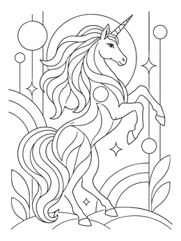 A majestic stallion on this rainbows and unicorns coloring page features elegant flowing lines.