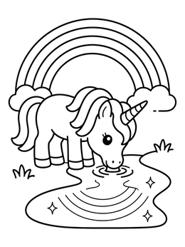 Free printable Unicorn Drinking Beside A Rainbow coloring page