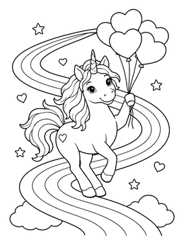 A rainbows and unicorns coloring page featuring a happy unicorn holding heart balloons along a winding path.
