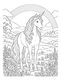 A detailed rainbows and unicorns coloring page featuring a unicorn in a wildflower meadow.