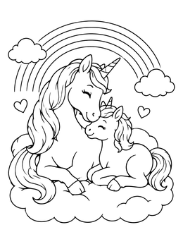 Free printable Unicorn Mother And Cute Foal coloring page