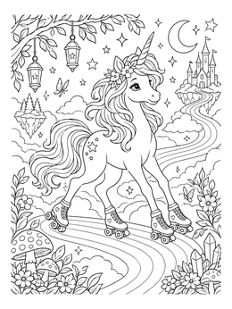A magical rainbows and unicorns coloring page showing a unicorn on roller skates gliding toward a castle.