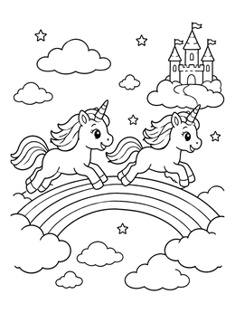 Free printable Unicorns Racing Across A Sky Rainbow coloring page