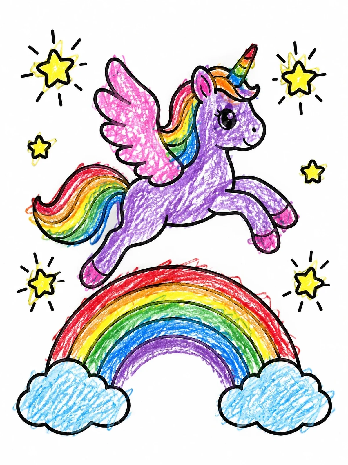 Colored example of the Winged Unicorn Flying Over Rainbow coloring page