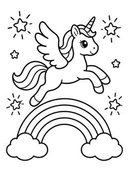 Free printable Winged Unicorn Flying Over Rainbow coloring page
