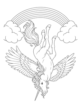 A winged unicorn flying upside down below clouds on this rainbows and unicorns coloring page.