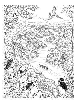 Hikers overlook a winding river and wildlife on this rainforest coloring page.