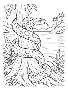 An anaconda winds around a jungle tree in this rainforest coloring page by a river.