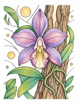 Blooming Orchid On Tree Bark – Rainforest Coloring Page