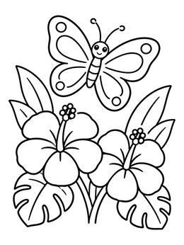 Free printable Butterfly Above Tropical Hibiscus Flowers coloring page
