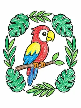 Cute Parrot In Leaf Frame – Rainforest Coloring Page