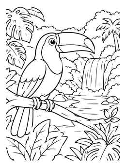 Free printable Cute Toucan By The Jungle Waterfall coloring page