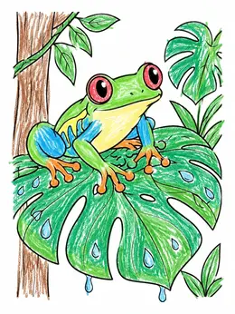 Color A Frog Cute Tree Frog On Monstera Leaf – Rainforest Coloring Page
