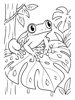A friendly frog sits on a leaf in this rainforest coloring page.
