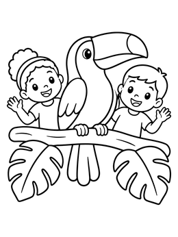 Free printable Friendly Toucan With Happy Children coloring page