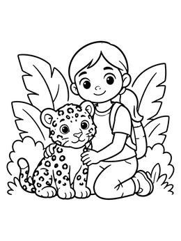 Free printable Girl With Baby Jaguar In Jungle coloring page