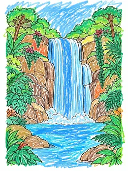 Majestic Jungle Waterfall And Lagoon – Rainforest Coloring Page