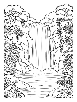 A serene rainforest coloring page showing a majestic waterfall cascading into a rocky pool.