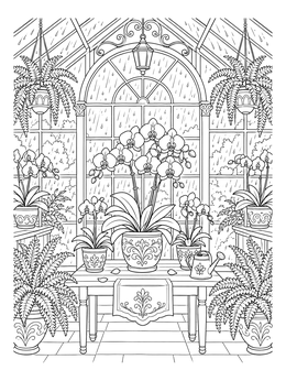 An april coloring page showing potted orchids and lush ferns inside a rainy glass greenhouse.
