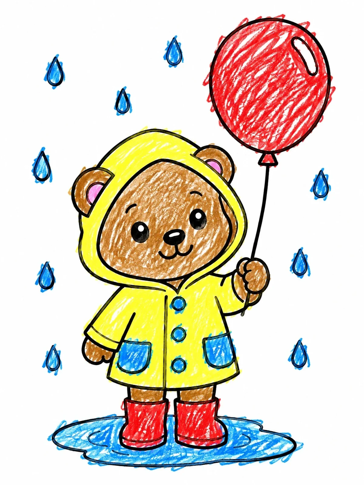 Colored example of the Bear Cub With Raincoat And Balloon coloring page