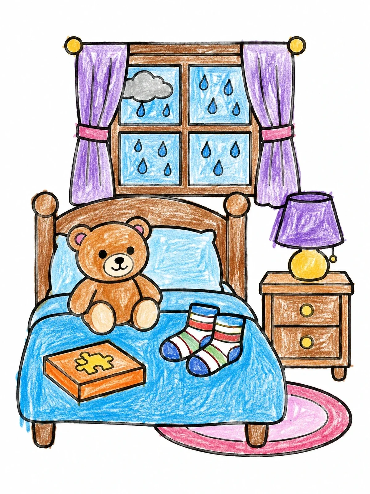 Colored example of the Rainy Day Bedroom Hunt coloring page