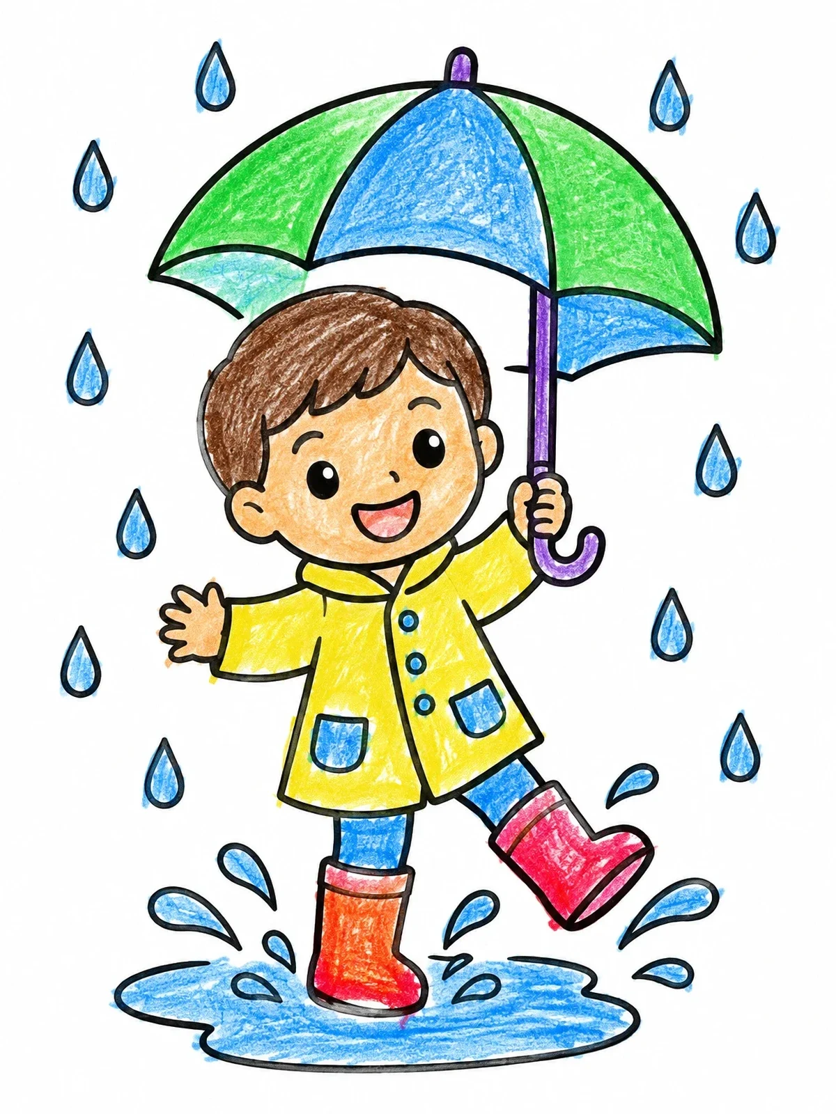 Colored example of the Happy Boy Splashing In Puddles coloring page