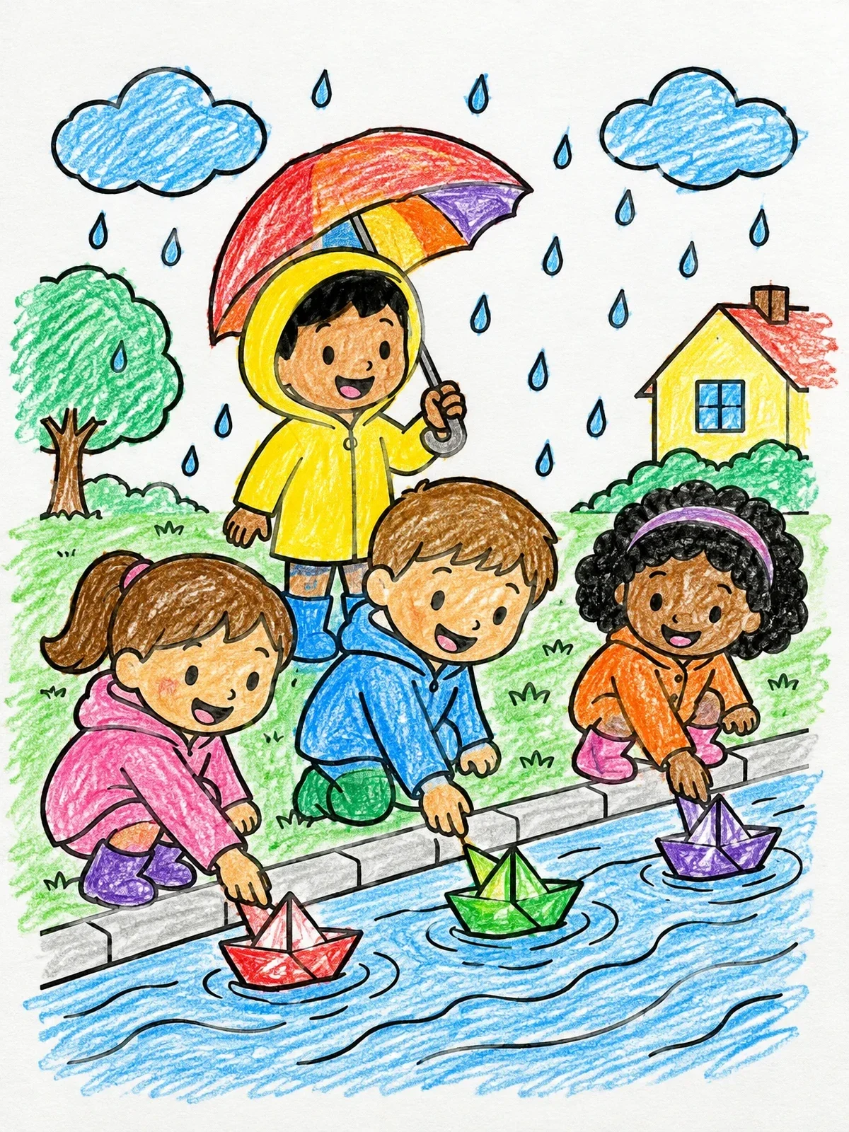 Colored example of the Children Racing Paper Boats In Rain coloring page