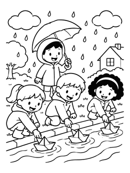 Kids floating paper boats in a puddle on this rainy day coloring page.